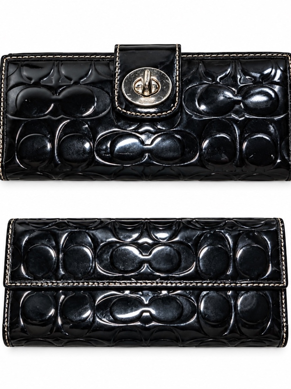 Coach Black Patent Leather Signature C Turnlock Wallet Y2K